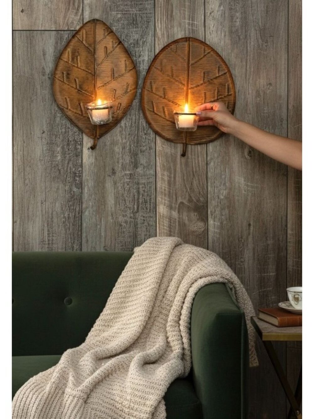 Pair Of Leaf-Shaped Wall-Mounted Tealight Candle Holders With Glass Cups